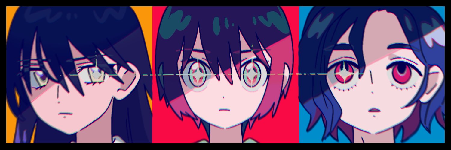 dou (mame eee), amate yuzuriha, nyaan (gundam gquuuuuux), shuji ito, gundam, gundam gquuuuuux, commentary, hashtag-only commentary, 1boy, 2girls, aqua eyes, black hair, blue hair, hair between eyes, long hair, multicolored eyes, multicolored hair, multiple girls, open mouth, portrait, red eyes, red hair, short hair, sparkle, two-tone eyes, two-tone hair, wavy hair, yellow eyes