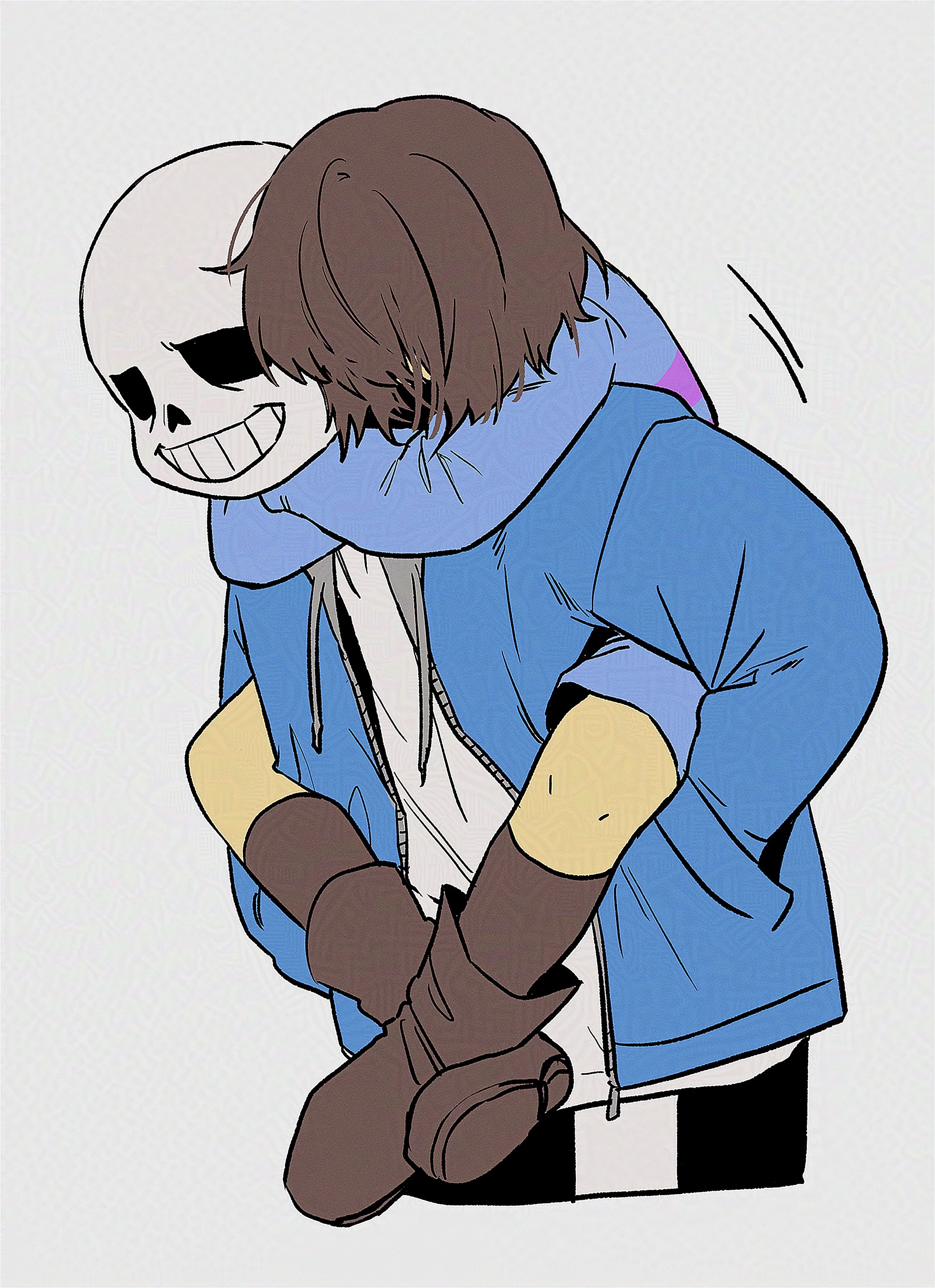 frisk (undertale), sans (undertale), undertale, utdr (toby fox), absurdres, adversarial noise, highres, 1boy, 1other, :d, ankle boots, arms around neck, black pants, blue jacket, blue shirt, blue shorts, bob cut, boots, brown boots, brown hair, brown socks, carrying, covered eyes, cropped legs, croquis2025, crossed ankles, drawstring, full body, grey background, grin, hair over eyes, hands in pockets, hollow eyes, hug, hug from behind, jacket, kneehighs, knees apart feet together, long sleeves, open clothes, open jacket, open mouth, pants, piggyback, pink shirt, puffy long sleeves, puffy sleeves, shirt, short hair, shorts, simple background, single vertical stripe, skeleton, smile, socks, striped clothes, striped shirt, two-tone shirt, white shirt