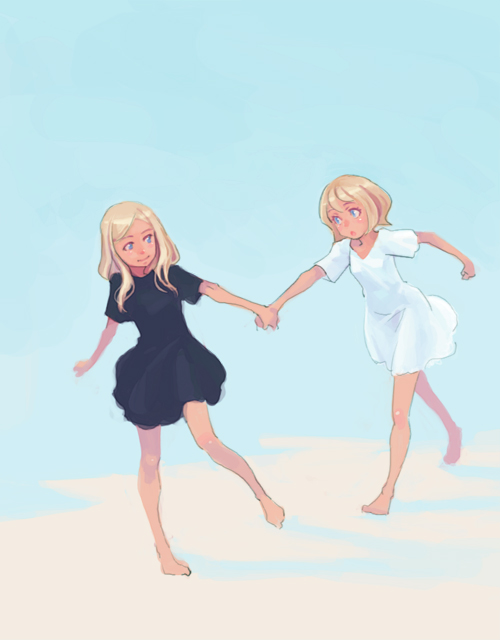 weno, copyright request, blonde hair, blue eyes, dress, holding, holding hands