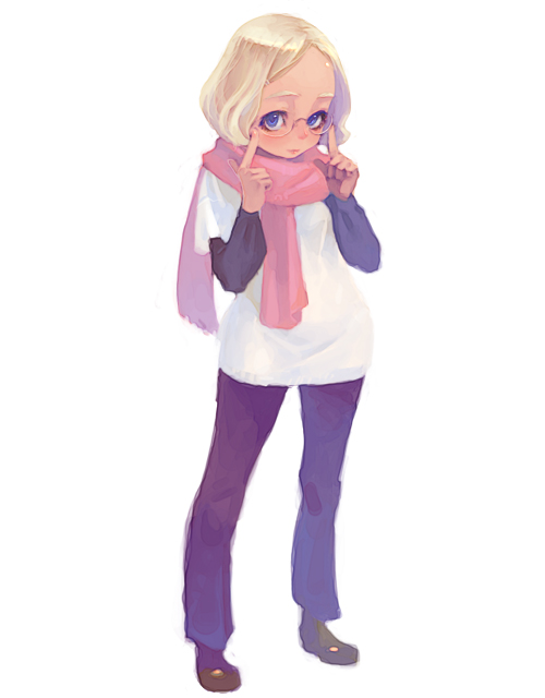 weno, weno's blonde original character, original, 1girl, adjusting eyewear, blonde hair, blue eyes, female focus, full body, glasses, pink scarf, scarf, simple background, solo, standing, white background
