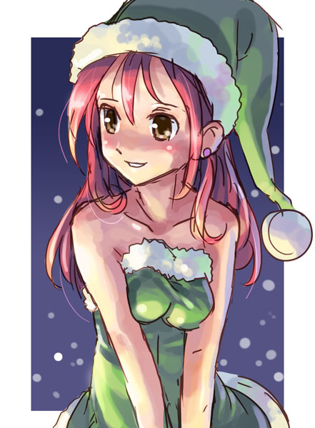 katahira masashi, original, 1girl, :d, bare shoulders, border, breasts, brown eyes, christmas, collarbone, dress, female focus, fur trim, green dress, hat, long hair, looking to the side, medium breasts, open mouth, pom pom beanie, red hair, santa costume, santa hat, smile, solo, strapless, strapless dress, sweatdrop