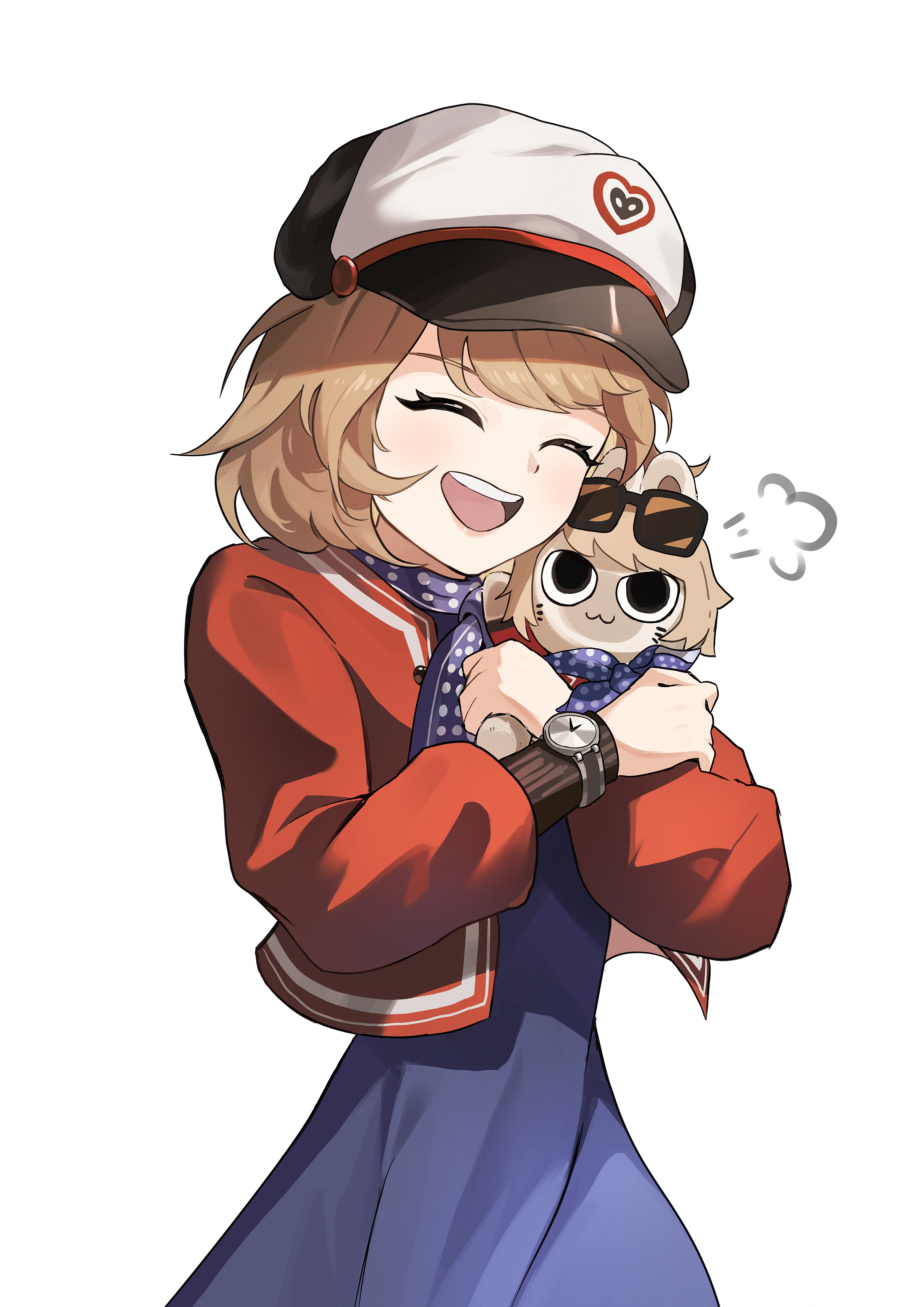 pingfan de mao, regulus (reverse:1999), reverse:1999, absurdres, highres, 1girl, ^ ^, blue dress, blue neckerchief, brown hair, closed eyes, dress, hands up, hat, holding, holding stuffed toy, hugging object, jacket, lipu friends, neckerchief, newsboy cap, open clothes, open jacket, open mouth, polka dot neckerchief, puff of air, red jacket, short hair, smile, solo, stuffed animal, stuffed cat, stuffed toy, teeth, upper body, upper teeth only, watch, white background, wristwatch