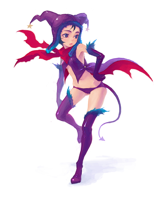 weno, demon tail, elbow gloves, gloves, hat, scarf, simple background, solo, tail, thighhighs