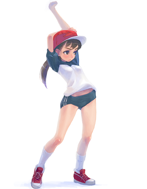 weno, buruma, double vertical stripe, full body, gym uniform, hat, ponytail, raglan sleeves, simple background, socks, solo, stretching