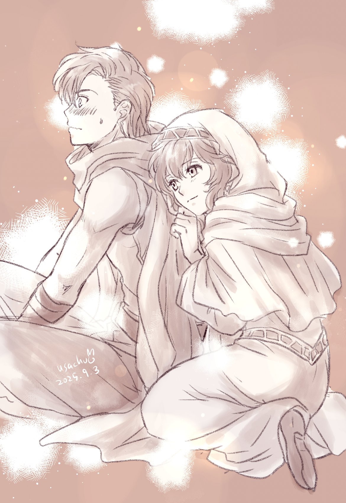usachu now, julian (fire emblem), lena (fire emblem), fire emblem, fire emblem: mystery of the emblem, nintendo, commentary request, highres, 1boy, 1girl, blush, closed mouth, couple, dated, dress, hetero, hood, hood up, long dress, long sleeves, monochrome, on floor, scarf, sepia, shoes, short hair, signature, simple background, sitting, sleeveless