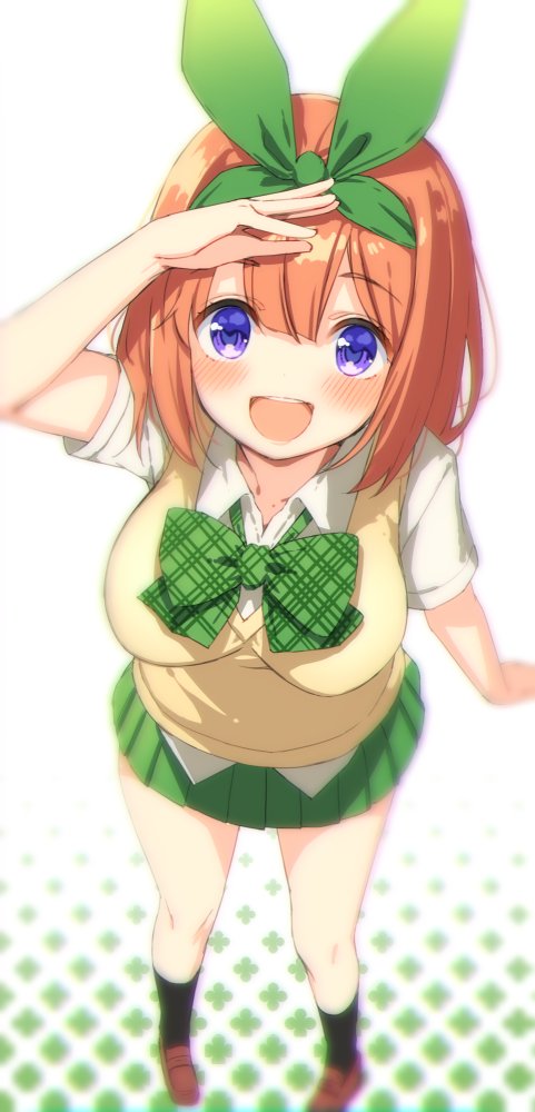 osa (osaosa), nakano yotsuba, go-toubun no hanayome, hashtag-only commentary, 1girl, black socks, blush, bow, bowtie, breasts, brown shoes, collared shirt, from above, green bow, green bowtie, green ribbon, green skirt, hair ribbon, large breasts, looking at viewer, open mouth, orange hair, plaid bow, plaid bowtie, plaid clothes, pleated skirt, purple eyes, ribbon, school uniform, shirt, shoes, short hair, skirt, smile, socks, solo, standing, sweater vest, teeth, upper teeth only, white background, white shirt, yellow sweater vest