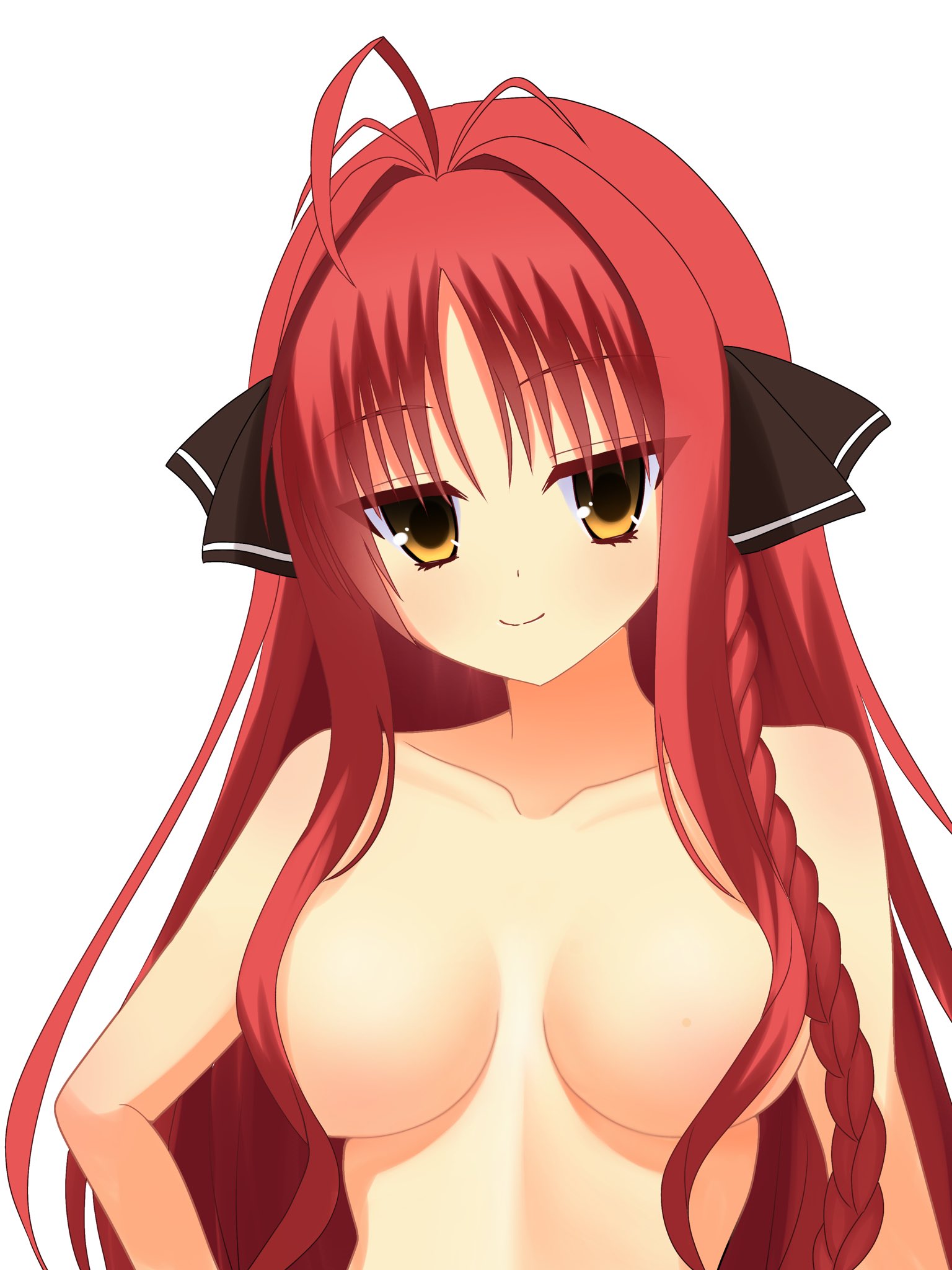 nuta ung, yarai miu, dracu-riot!, commentary request, highres, 1girl, antenna hair, black ribbon, braid, breasts, breasts apart, closed mouth, collarbone, completely nude, convenient censoring, eyelashes, eyes visible through hair, hair between eyes, hair censor, hair intakes, hair over breasts, hair ribbon, large breasts, light blush, long hair, looking at viewer, nude, ribbon, sidelocks, simple background, single braid, smile, solo, split mouth, tsurime, upper body, very long hair, white background, yellow eyes