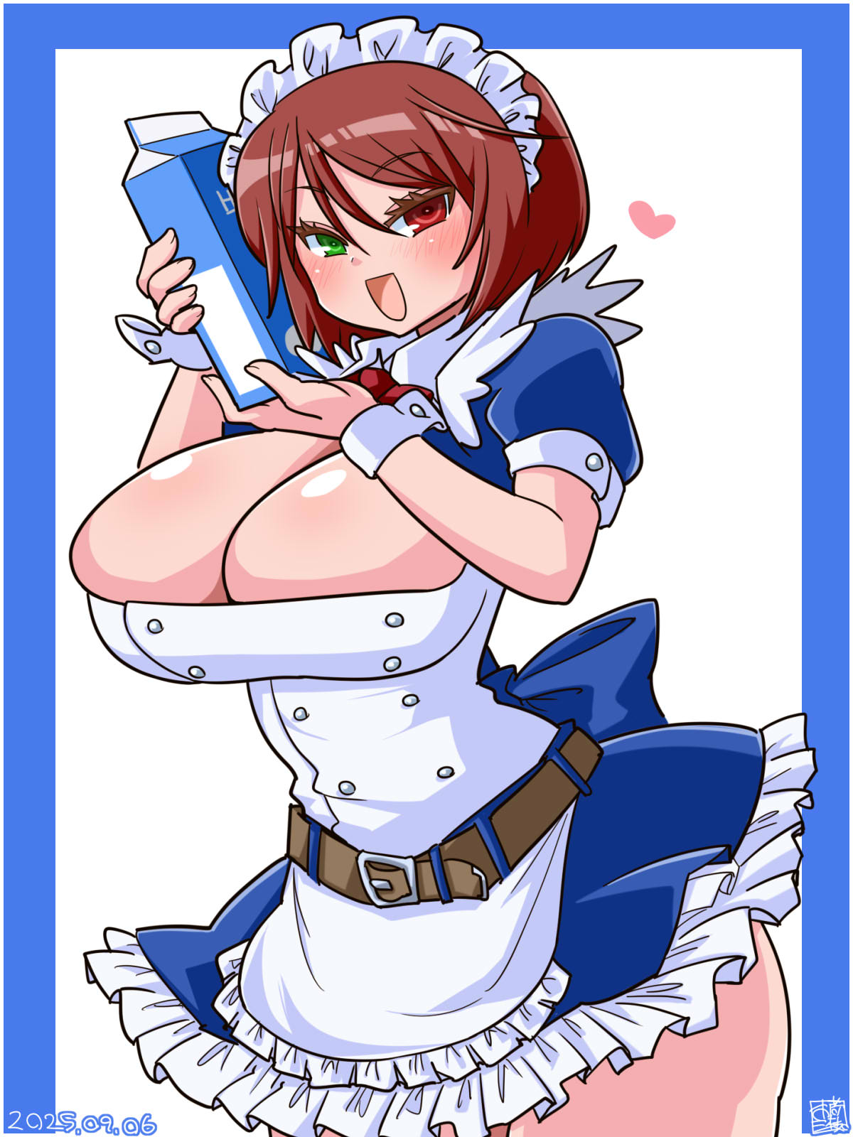 itini-sanshi, souseiseki, rozen maiden, commentary request, highres, 1girl, :d, alternate breast size (larger), alternate costume, apron, blue background, blue dress, blush, breasts, brown hair, cleavage, cleavage cutout, clothing cutout, cowboy shot, dress, enmaided, frilled apron, frilled dress, frills, green eyes, heart, heterochromia, large breasts, looking at viewer, maid, maid headdress, milk carton, open mouth, puffy short sleeves, puffy sleeves, purple eyes, red eyes, short hair, short sleeves, simple background, smile, solo, two-tone background, white apron, white background