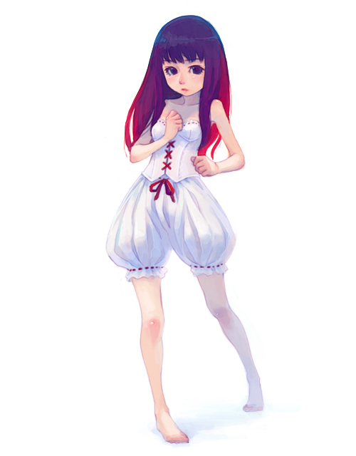 weno, 1girl, barefoot, bloomers, corset, female focus, long hair, simple background, solo, underwear, white bloomers
