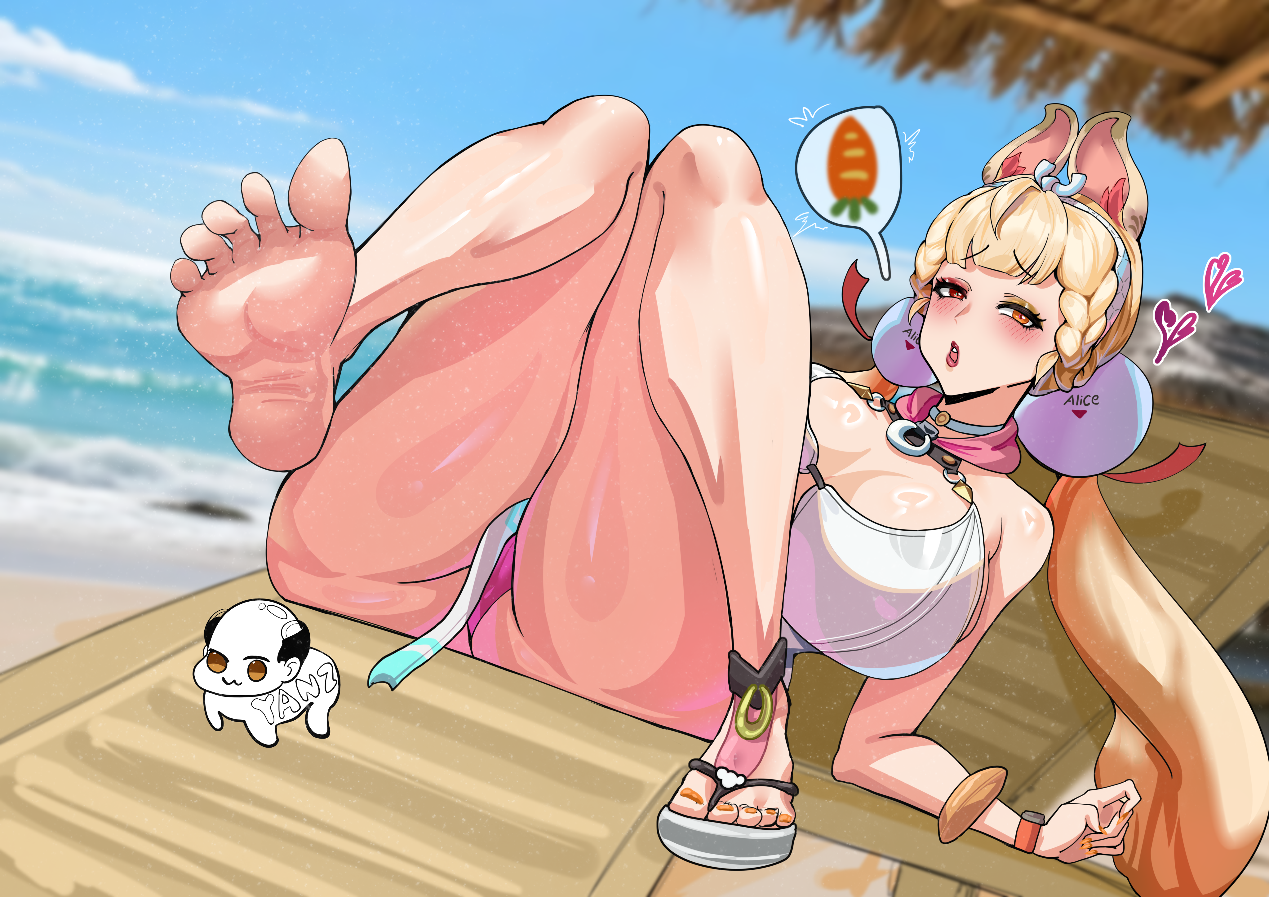 yanz2, highres, 1girl, animal ears, barefoot, beach, beach chair, bikini, blonde hair, breasts, carrot, feet, hair ornament, huge breasts, jewelry, knees together feet apart, long hair, looking at viewer, nail polish, open mouth, outdoors, soles, solo, swimsuit, thighs, toenail polish, toenails, toes, twintails