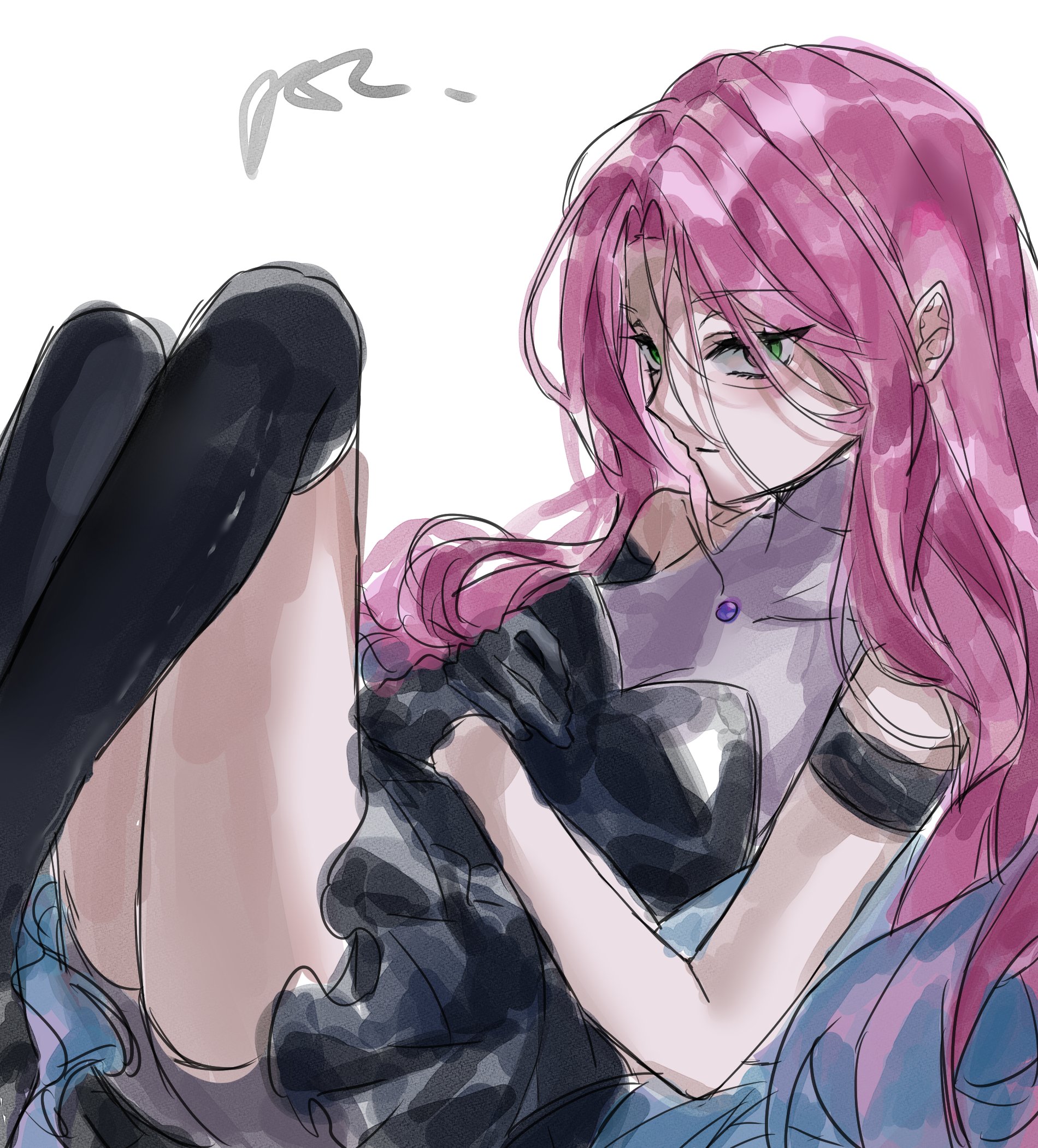 mizi (alien stage), alien stage, commentary request, highres, korean commentary, 1girl, black dress, black gloves, black socks, blue hair, dobugi221833, dress, gloves, green eyes, kneehighs, long hair, looking at viewer, pink hair, sitting, socks, solo, very long hair