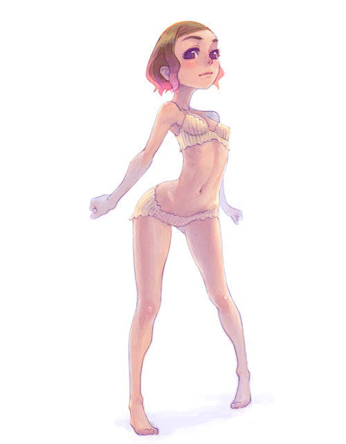 weno, 1girl, bra, female focus, full body, lingerie, panties, simple background, solo, striped clothes, striped panties, underwear, underwear only