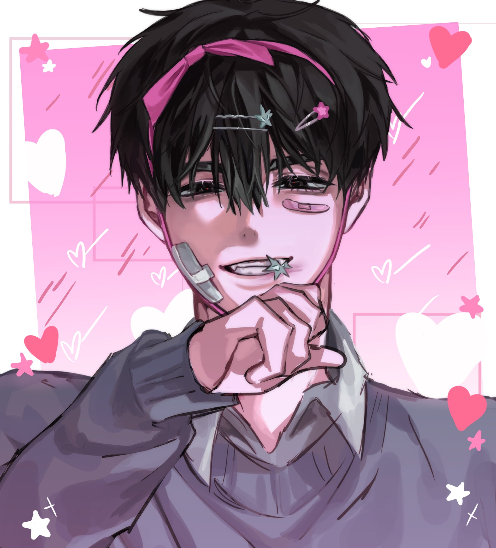 ivan (alien stage), alien stage, commentary request, highres, korean commentary, 1boy, black hair, bobby pin, collared shirt, dobugi221833, gauze, gauze on cheek, grey sweater, hair ornament, hair ribbon, hairclip, heart, male focus, pink background, pink ribbon, portrait, ribbon, shirt, short hair, solo, sweater, very short hair, white shirt