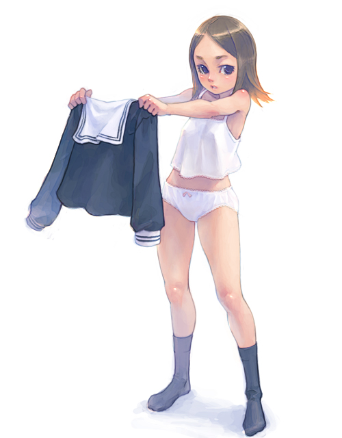 weno, bow, bow panties, camisole, dressing, lingerie, panties, school uniform, serafuku, simple background, socks, solo, underwear, undressing