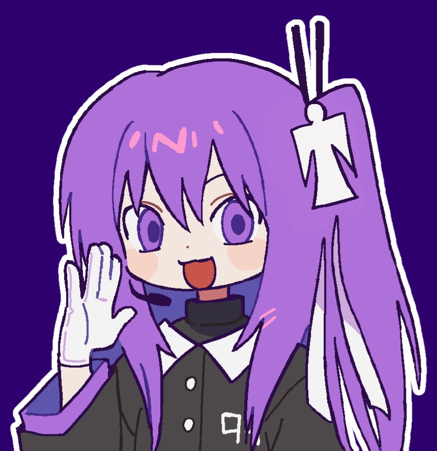 kin utau, tsukumo shion, utau, commentary request, korean commentary, 1girl, black dress, black shirt, blue background, blush stickers, chibi, chibi only, dress, gloves, hair ornament, hand to own mouth, hand up, long hair, long sleeves, looking at viewer, one side up, open mouth, purple eyes, purple hair, shikigami, shirt, simple background, smile, solo, upper body, white gloves