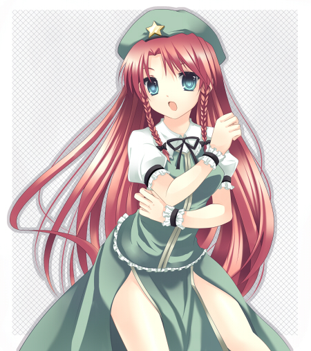 takase kanan, hong meiling, immaterial and missing power, touhou, 1girl, aqua eyes, blush, braid, chinese clothes, female focus, green eyes, hat, long hair, red hair, solo, star (symbol), twin braids