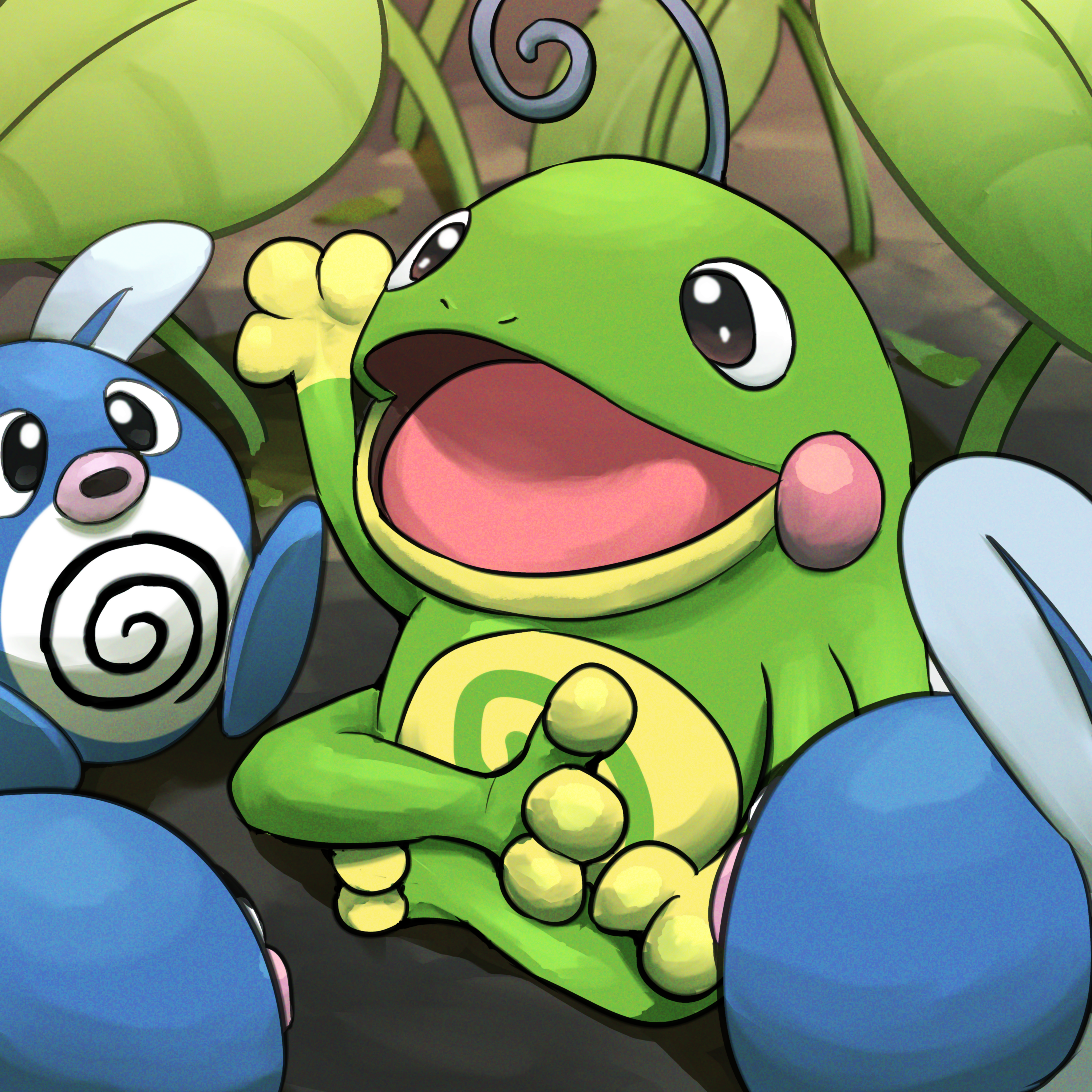 spicyichizo, politoed, poliwag, nintendo, pokemon, absurdres, highres, blue skin, colored skin, gen 1 pokemon, gen 2 pokemon, green skin, leaf, no humans, open mouth, pokemon (creature), sitting