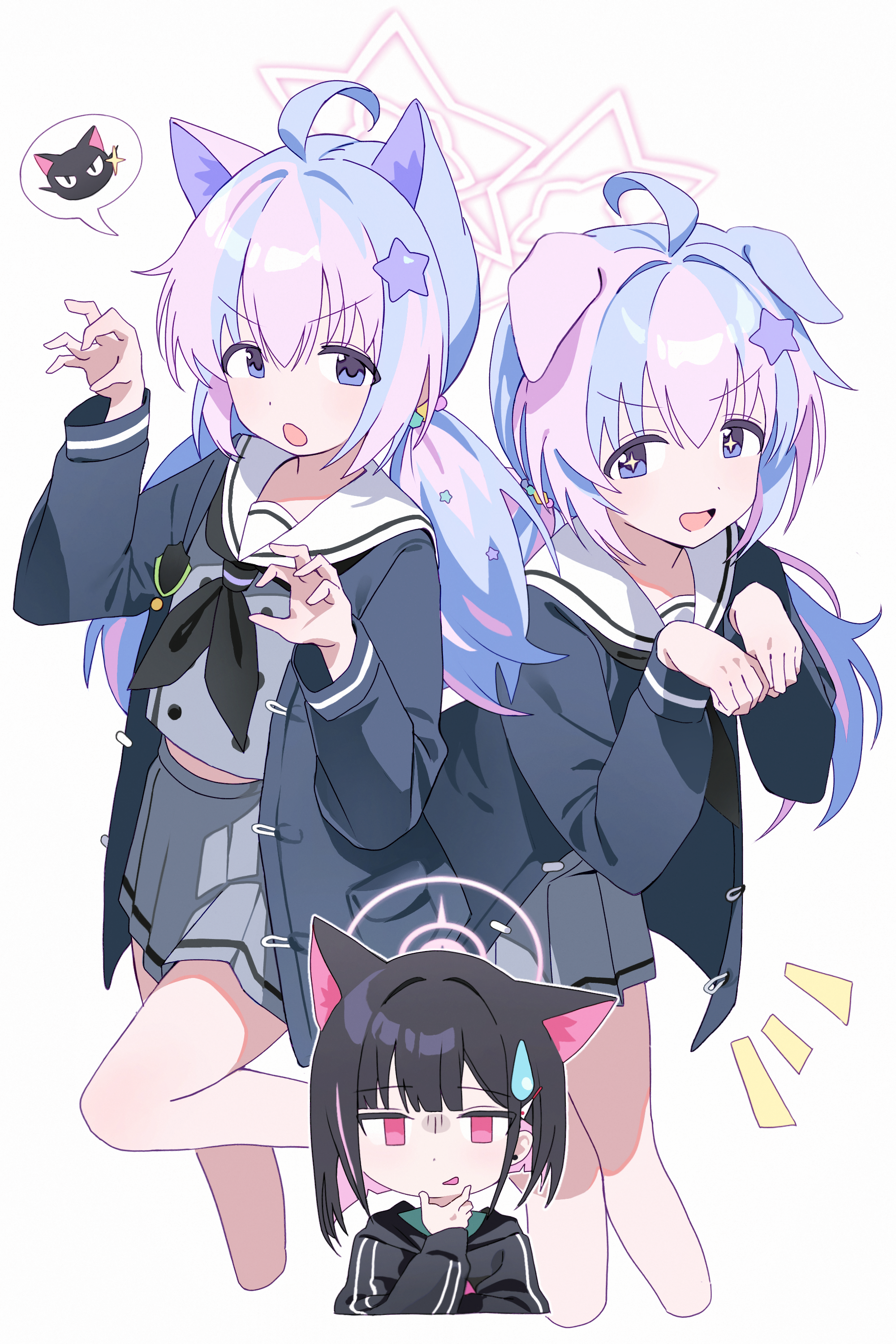 kazusa (blue archive), reisa (blue archive), blue archive, absurdres, commentary, highres, + +, 2girls, ahoge, animal ears, beads, black hair, black neckerchief, blue eyes, blue hair, cat ears, claw pose, colored inner animal ears, comedic sweatdrop, coror0566, dog ears, grey serafuku, grey shirt, grey skirt, hair beads, hair ornament, halo, hand on own chin, hands up, jacket, kemonomimi mode, long hair, multicolored hair, multiple girls, neckerchief, notice lines, open clothes, open jacket, open mouth, pink eyes, pink hair, pink halo, pleated skirt, sailor collar, school uniform, serafuku, shirt, simple background, skirt, star (symbol), star hair ornament, star halo, stroking own chin, two-tone hair, white background, white sailor collar