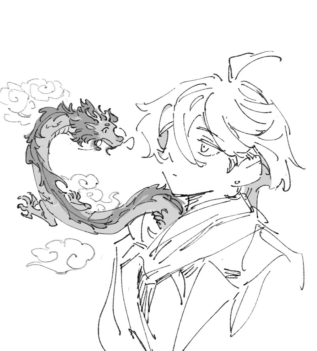 nideaneng, miorine rembran, suletta mercury, gundam, gundam suisei no majo, chinese commentary, commentary request, 1girl, ahoge, animal, animalization, closed mouth, dragon, formal clothes, greyscale, looking at another, monochrome, scarf, upper body
