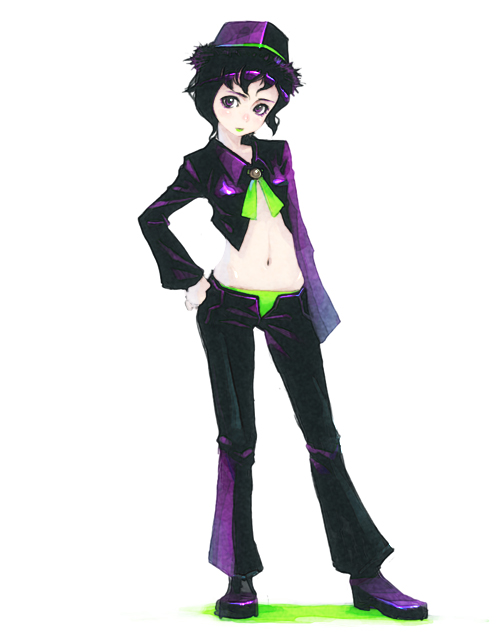 weno, 1girl, black hair, contrapposto, female focus, full body, hand on own hip, hat, legs apart, long sleeves, looking at viewer, midriff, navel, pants, purple eyes, shoes, simple background, solo, standing, stomach, top hat, underwear
