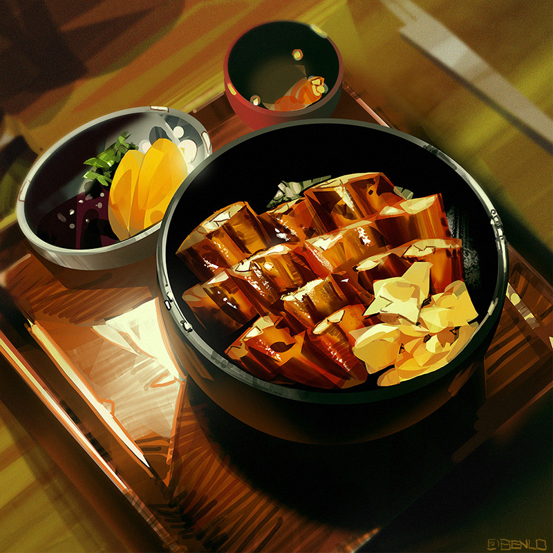 ben lo, original, bowl, cutlet, food, food focus, from above, fruit, ginger root, katsu (food), katsu curry, lemon, lemon slice, no humans, on table, painterly, rice bowl, table, tray, wooden tray