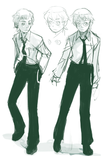 weno, 1boy, glasses, green theme, male focus, monochrome, necktie, profile, school uniform, serafuku