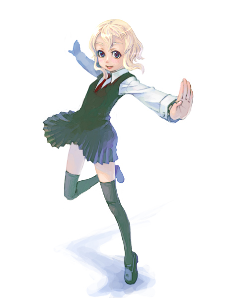 weno, rumia, weno's blonde original character, embodiment of scarlet devil, original, touhou, 1girl, blonde hair, female focus, red eyes, running, school uniform, serafuku, simple background, solo, thighhighs