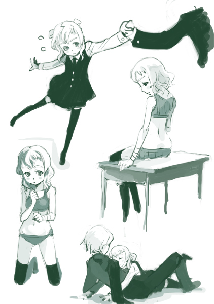 weno, weno's blonde original character, original, 1boy, 1girl, bra, green theme, hetero, hug, lingerie, monochrome, panties, profile, school uniform, serafuku, sports bra, table, thighhighs, underwear, underwear only