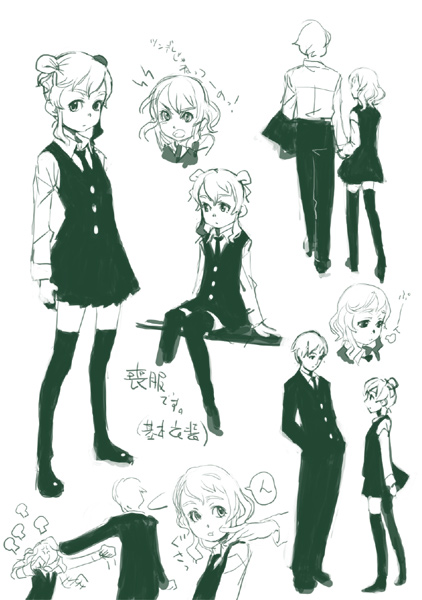 weno, weno's blonde original character, original, 1boy, 1girl, collared shirt, frown, green theme, hand on another's head, height difference, holding hands, jacket, miniskirt, monochrome, multiple views, profile, school uniform, serafuku, shirt, simple background, sitting, skirt, speech bubble, standing, swept bangs, thighhighs, unworn jacket, v-shaped eyebrows, white background