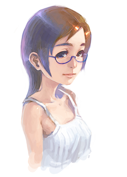 weno, 1girl, black-framed eyewear, closed mouth, collarbone, dress, female focus, glasses, lips, looking at viewer, semi-rimless eyewear, simple background, sleeveless, sleeveless dress, smile, solo, sundress, under-rim eyewear, white background, white dress