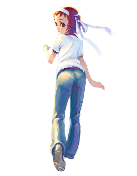 weno, 1girl, ass, bandana, female focus, heterochromia, short hair, simple background, solo