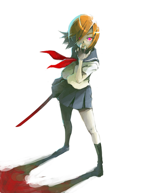 weno, ryuuguu rena, higurashi no naku koro ni, 00s, 1girl, blood, female focus, orange hair, red eyes, school uniform, serafuku, solo, sword, weapon