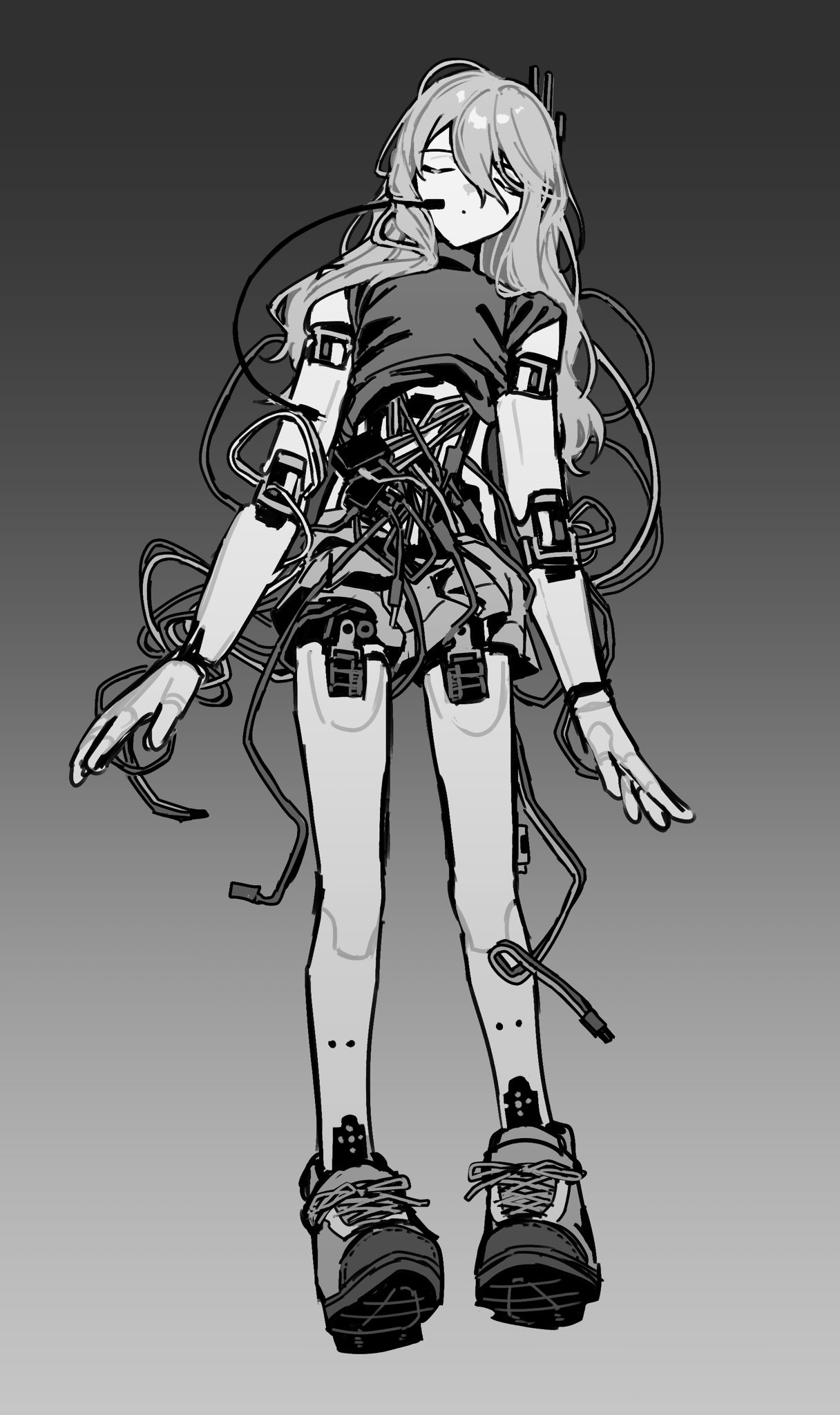 kirihi ko, adachi rei, a.i. voice, utau, highres, 1girl, android, arms at sides, bare arms, cable, closed eyes, closed mouth, clothes lift, facing viewer, full body, gradient background, greyscale, hair between eyes, hair down, joints, long hair, mechabare, monochrome, official alternate hair length, official alternate hairstyle, robot girl, robot joints, shirt lift, shoes, skirt, skirt lift, sleeves rolled up, sneakers, solo