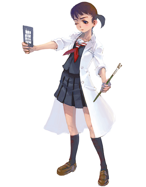 weno, art brush, coat, kneehighs, overcoat, paintbrush, ponytail, school uniform, serafuku, simple background, socks, solo