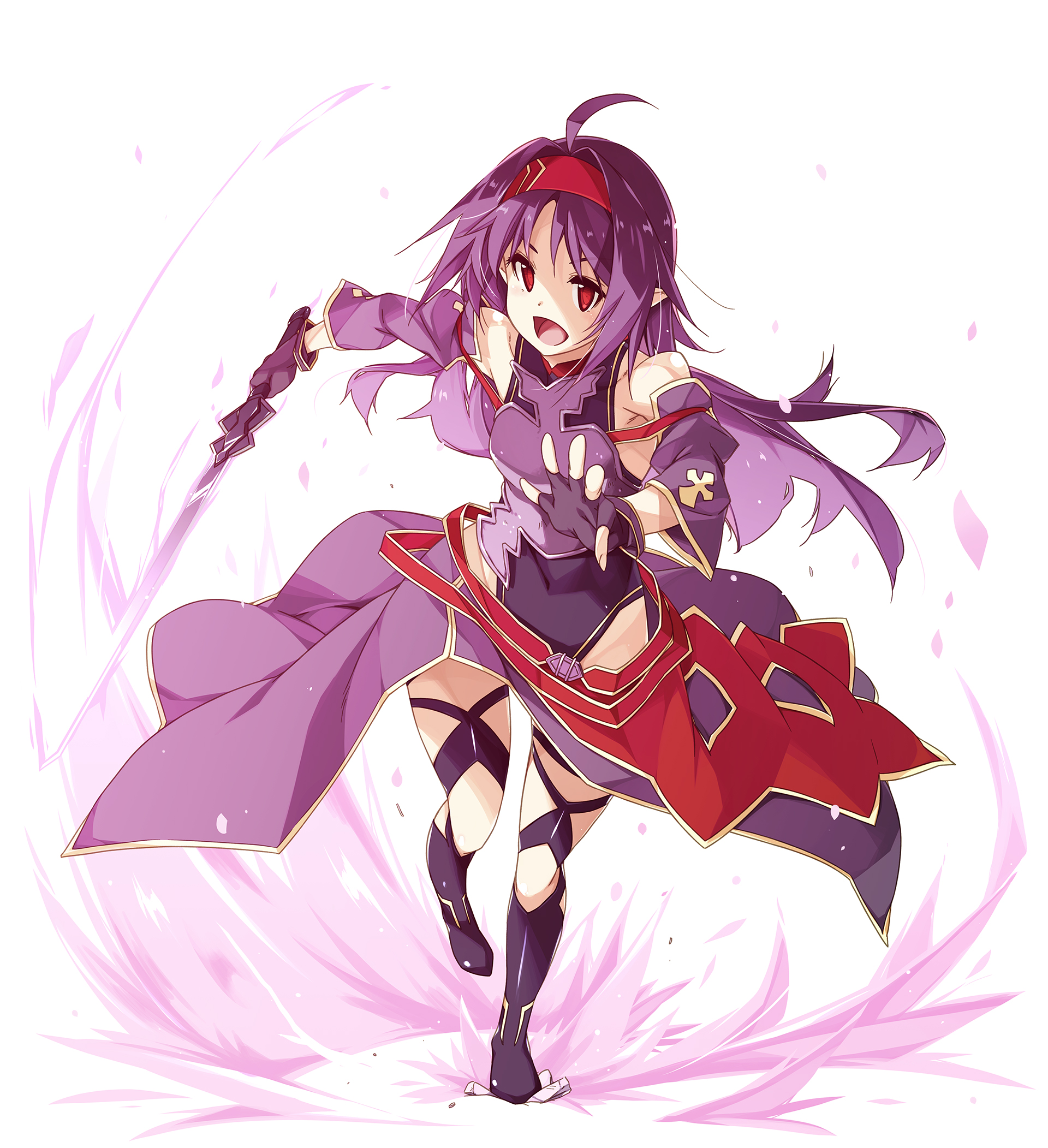 shikei, yuuki (sao), sword art online, commentary request, highres, 1girl, ahoge, armor, bare shoulders, boots, breastplate, capelet, collarbone, covered navel, crack, cracked floor, detached sleeves, fingerless gloves, full body, gloves, groin, hairband, headband, holding, holding sword, holding weapon, leotard, long hair, looking at viewer, medium hair, obsidian slasher, open mouth, pointy ears, purple hair, purple leotard, red eyes, red headband, simple background, solo, standing, sword, thighhighs, thighs, waist cape, weapon, white background