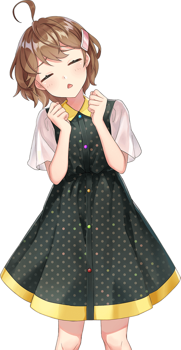 shirako miso, tendo yuuki, cue!, highres, official art, 1girl, = =, ahoge, blush, breasts, brown hair, chestnut mouth, clenched hands, closed eyes, collared dress, cowboy shot, dress, green dress, hair ornament, hands up, head tilt, looking at viewer, open mouth, polka dot, polka dot dress, short hair, short sleeves, simple background, small breasts, solo, standing, tachi-e, transparent background, wavy hair