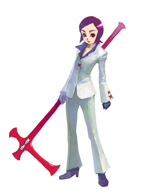 weno, 1girl, axe, battle axe, female focus, formal clothes, pant suit, pants, polearm, red eyes, short hair, simple background, solo, suit, weapon