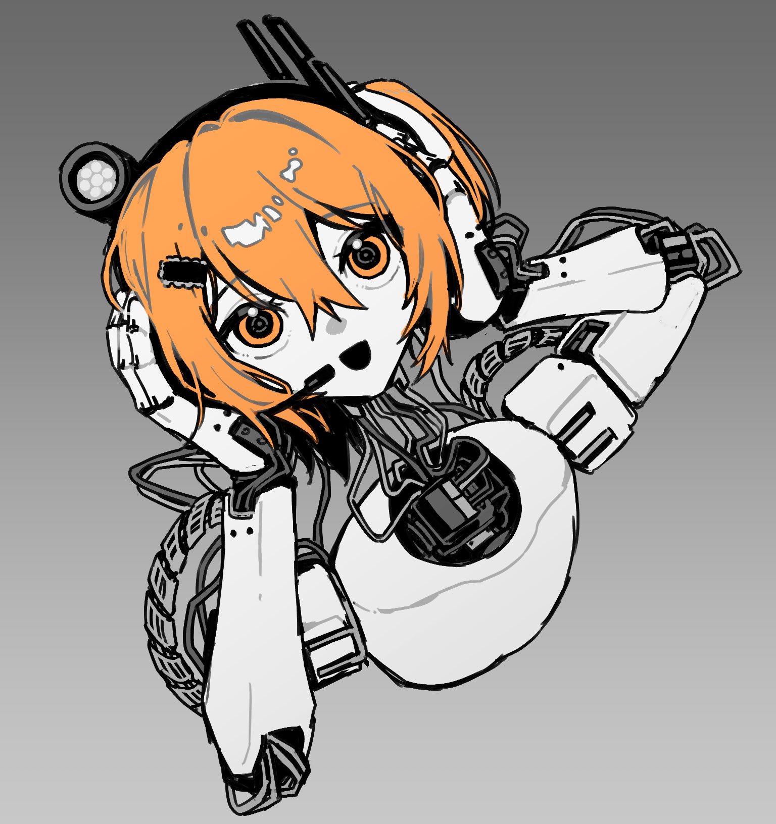kirihi ko, adachi rei, a.i. voice, utau, highres, 1girl, android, cable, cropped torso, disembodied head, greyscale, hands up, headlamp, headset, holding detached head, joints, looking at viewer, mechabare, monochrome, nude, one side up, open mouth, orange eyes, orange hair, radio antenna, robot joints, short hair, simple background, smile, solo, spot color