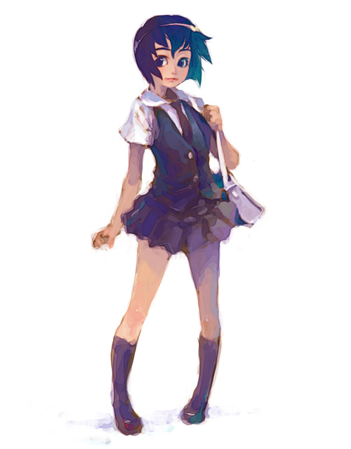 weno, bag, kneehighs, school uniform, serafuku, shoulder bag, simple background, socks, solo