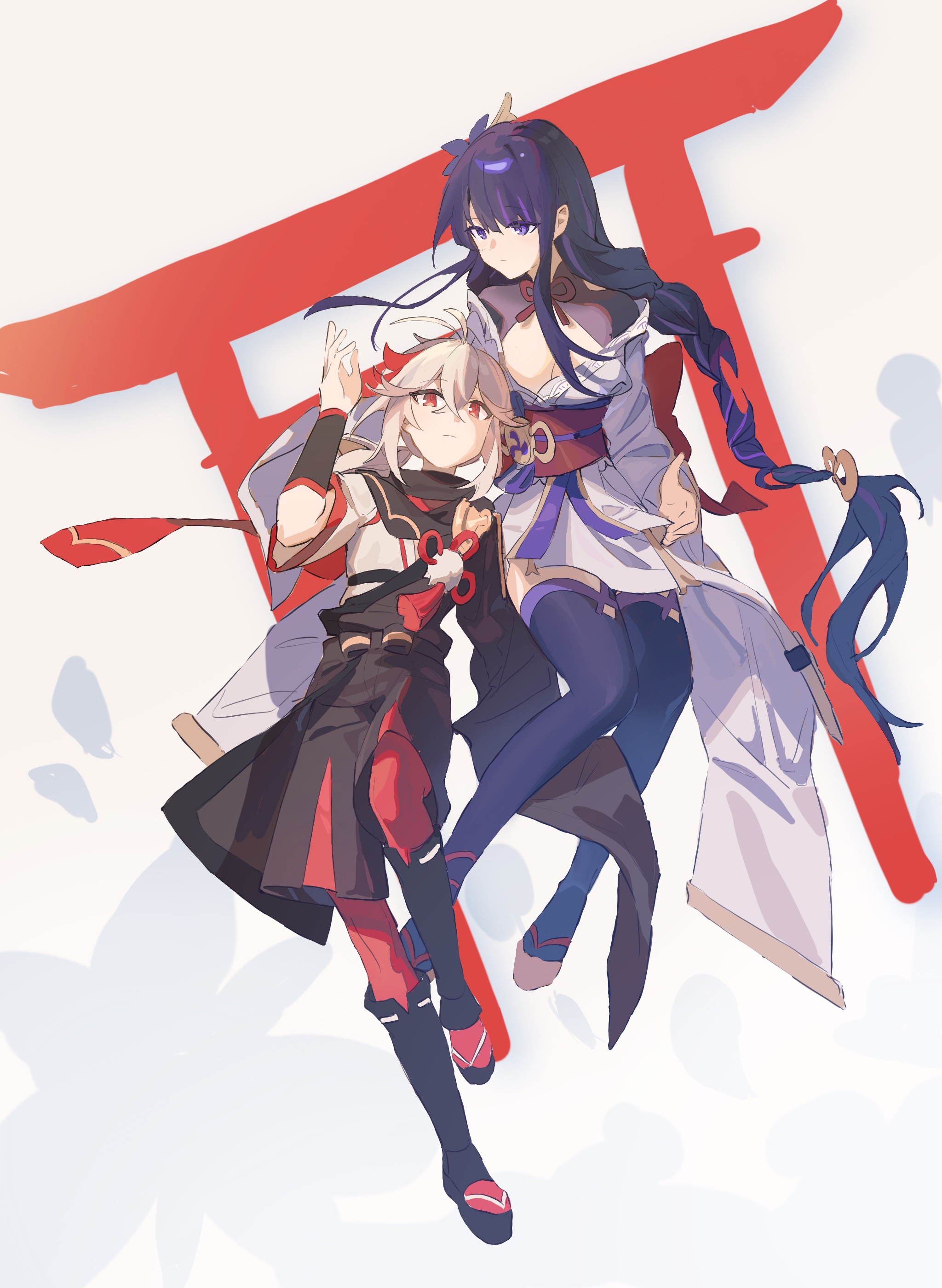 mengaijiang924, kaedehara kazuha, raiden shogun, genshin impact, absurdres, chinese commentary, highres, 1boy, 1girl, arm guards, back bow, blunt bangs, bow, braid, breasts, cleavage, closed mouth, clothing cutout, couple, expressionless, floating, flower, flower ornament, gradient background, hair between eyes, hair ornament, hair ribbon, head tilt, hug from side, japanese clothes, kimono, large breasts, leaning on person, leaning to the side, long braid, looking down, looking to the side, looking up, low ponytail, multicolored hair, neck ribbon, off shoulder, ponytail, purple eyes, purple flower, purple hair, purple kimono, purple thighhighs, red eyes, red ribbon, red sash, ribbon, sash, shade, short sleeves, shoulder cutout, single braid, streaked hair, thighhighs, thighs, white hair, wide sleeves