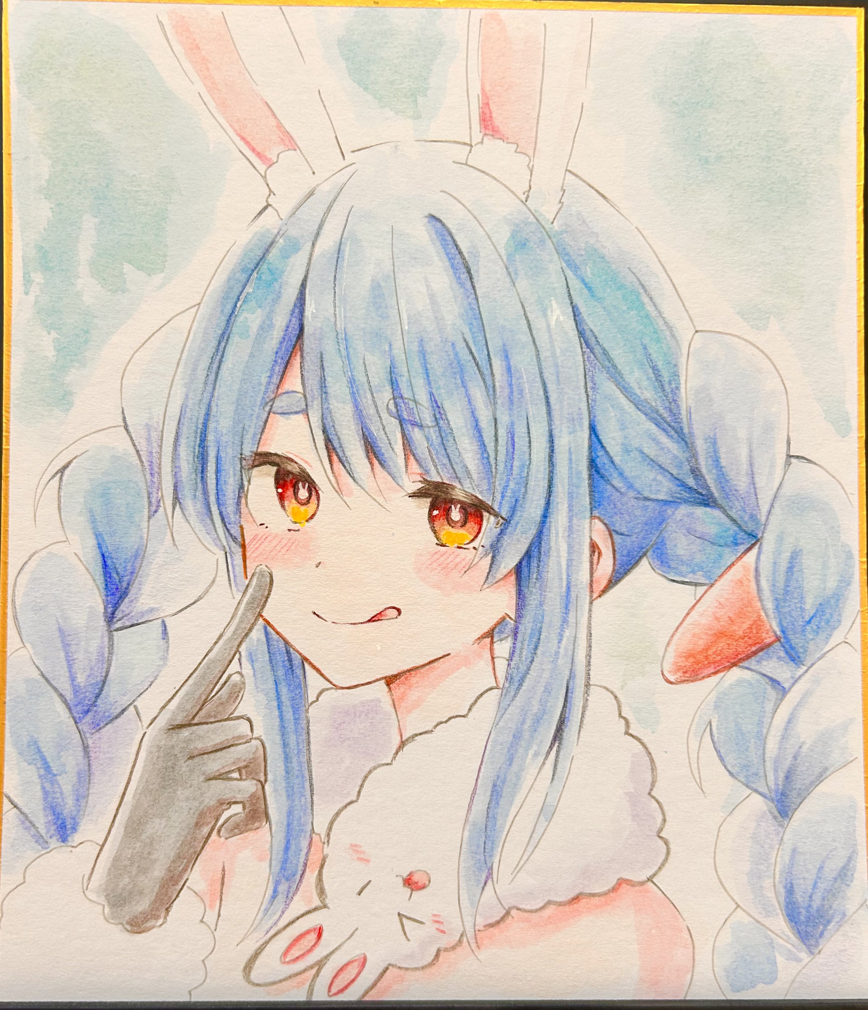 kiritoma, don-chan (usada pekora), usada pekora, hololive, absurdres, commentary request, highres, photo (medium), traditional media, 1girl, :q, animal ear fluff, animal ears, bare shoulders, black gloves, blue hair, blush, braid, carrot hair ornament, food-themed hair ornament, fur-trimmed gloves, fur trim, gloves, hair between eyes, hair ornament, long hair, looking at viewer, multicolored hair, rabbit-shaped pupils, rabbit ears, red eyes, shikishi, short eyebrows, solo, symbol-shaped pupils, thick eyebrows, tongue, tongue out, twin braids, twintails, two-tone hair, upper body, white hair