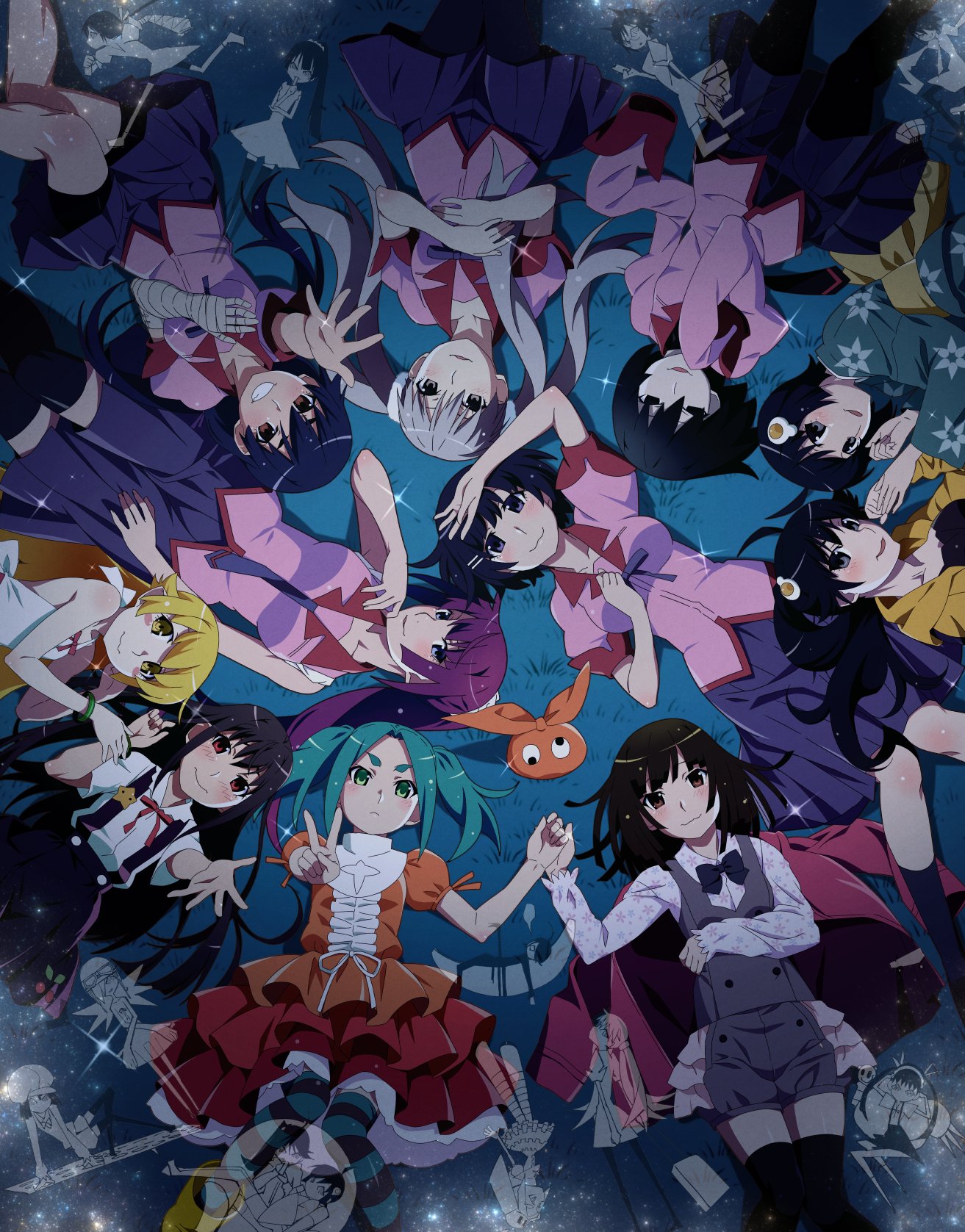 gesugesu ahoaho, araragi karen, araragi koyomi, araragi tsukihi, hachikuji mayoi, hanekawa tsubasa, kanbaru suruga, oikura sodachi, ononoki yotsugi, oshino ougi, oshino shinobu, sengoku nadeko, senjougahara hitagi, monogatari (series), highres, :3, black hair, green eyes, grey hair, long hair, looking at viewer, lying, naoetsu high school uniform, on back, school uniform, short hair, thick eyebrows, twintails, v