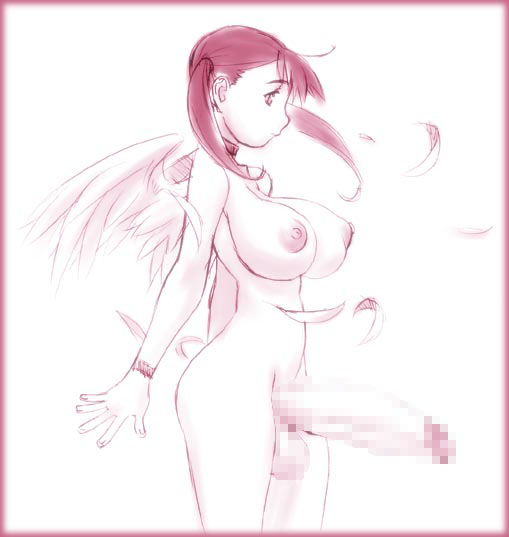uno makoto, original, 1futa, angel, angel wings, arms behind back, bracelet, breasts, censored, collar, feathers, futanari, huge penis, jewelry, large breasts, monochrome, mosaic censoring, nipples, nude, penis, sepia, solo, twintails, wings