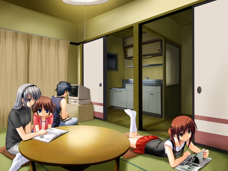 fumio (ura fmo), kanako (clannad), mishima tomo, okazaki tomoya, sakagami tomoyo, clannad, tomoyo after, white legwear, game cg, 00s, 1boy, 3girls, blue eyes, brown eyes, brown hair, feet, grey hair, hairband, long hair, multiple girls, reading, short hair, short twintails, skirt, slice of life, socks, twintails, two side up
