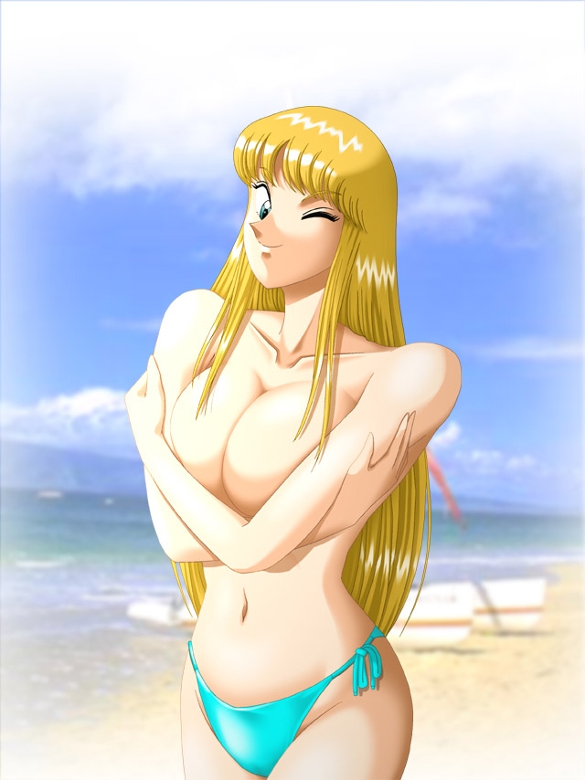 akimoto katherine reiko, kochikame, 1girl, beach, bikini, blonde hair, blue eyes, breasts, breasts squeezed together, day, female focus, large breasts, long hair, one eye closed, solo, swimsuit, topfreedom, topless female, wink