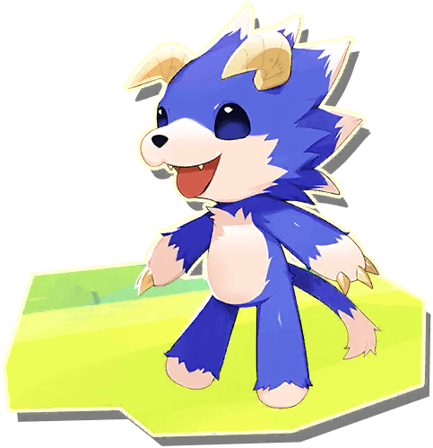 mew (monster farm), line: monster farm, monster farm, official art, blue eyes, blue fur, bowwow (monster farm), claws, fangs, happy, horns, living plush, multicolored fur, tongue, tongue out, white fur, wolf