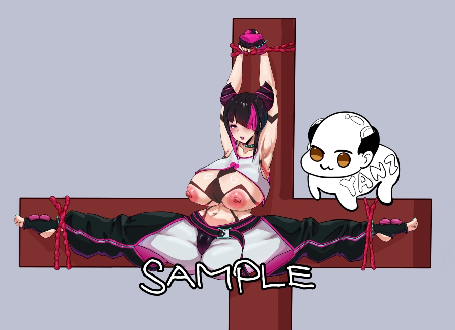 yanz2, han juri, highres, 1girl, armpits, arms up, bdsm, black hair, bondage, bound, bracelet, breasts, cameltoe, choker, diagonal bangs, fingerless gloves, gloves, hair horns, hair over one eye, huge breasts, jewelry, large breasts, looking at viewer, multicolored hair, navel, nipple piercing, nipples, pants, piercing, pink hair, purple eyes, purple hair, restrained, solo, spiked bracelet, spikes, split, spread legs, stirrup legwear, streaked hair, toeless legwear, tongue, tongue out, two-tone hair
