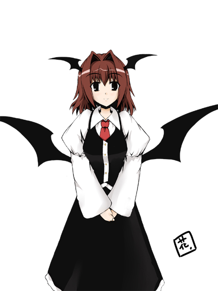 lilac (artist), lilac (p-f easy), rairakku, koakuma, embodiment of scarlet devil, touhou, 1girl, black skirt, demon wings, female focus, frilled skirt, frills, hair intakes, head wings, long sleeves, looking at viewer, necktie, red eyes, red hair, red necktie, simple background, skirt, skirt set, solo, standing, vest, white background, wings