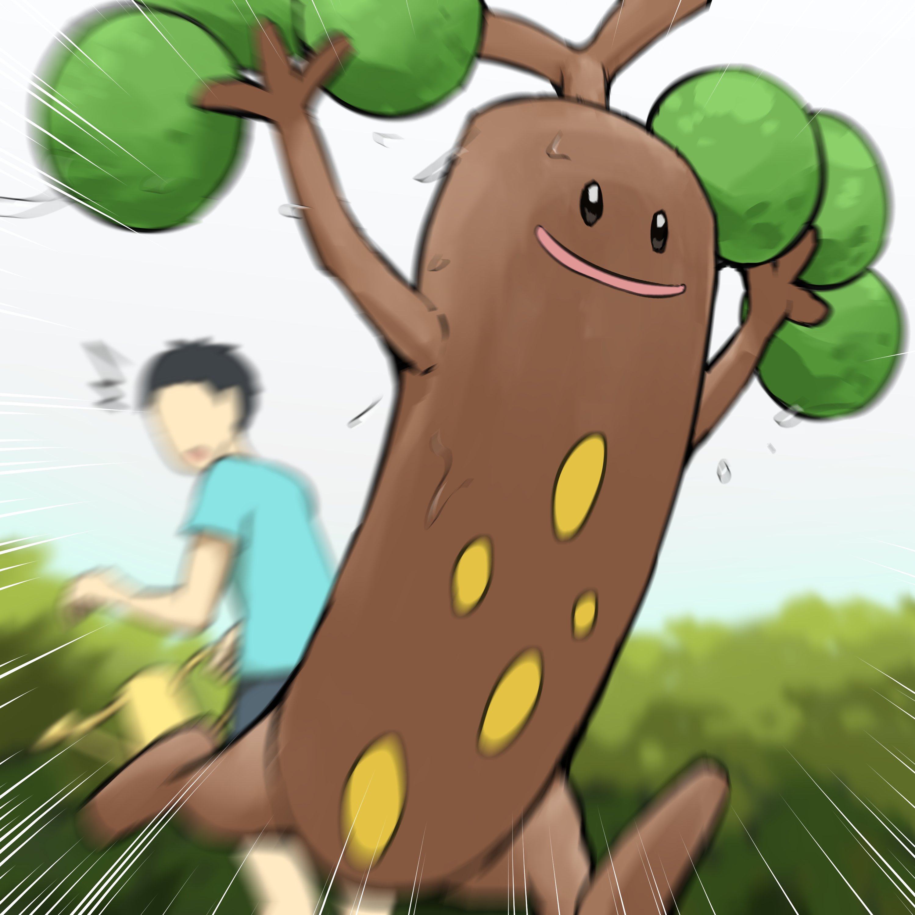 spicyichizo, sudowoodo, nintendo, pokemon, absurdres, highres, 1boy, blue shirt, blurry, blurry background, bush, depth of field, gen 2 pokemon, pokemon (creature), shirt, short sleeves