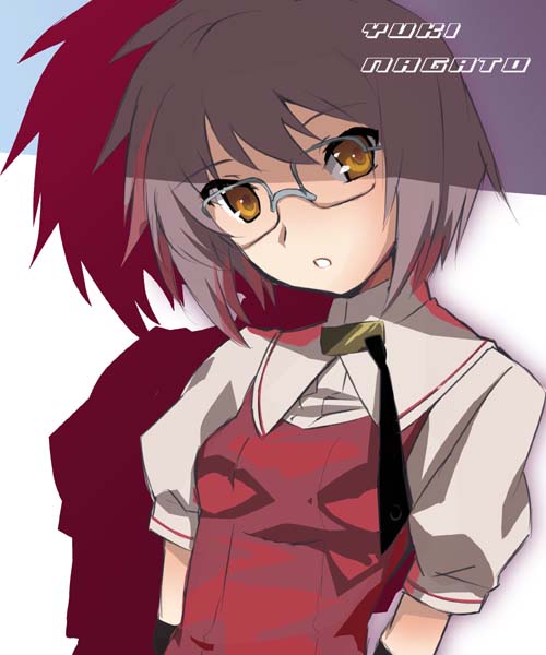 okiura, chihara minori, nagato yuki, takahana sumire, suzumiya haruhi no yuuutsu, venus versus virus, silver hair, cosplay, glasses, parody, solo, takahana sumire (cosplay), voice actor connection, yellow eyes